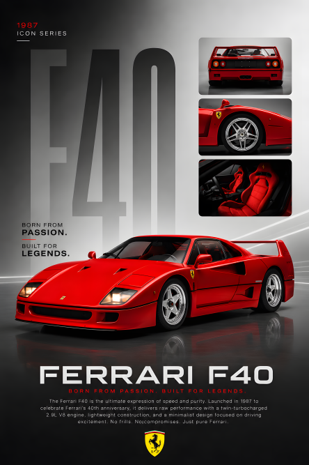 Ferrari F40 | 3D Sculpted Metal Poster