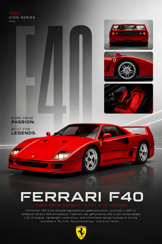 Ferrari F40 | 3D Sculpted Metal Poster
