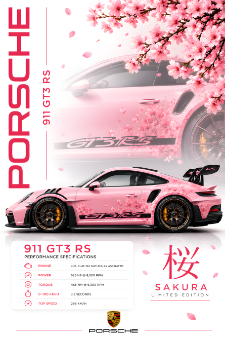 Porsche 911 GT3 RS Sakura | 3D Sculpted Metal Poster