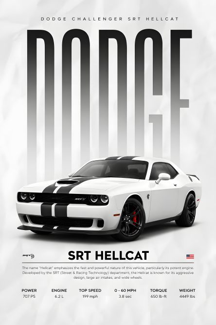 Dodge Challenger SRT Hellcat | 3D Sculpted Metal Poster