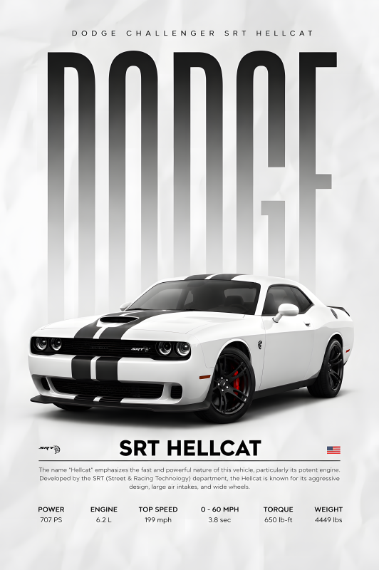 Dodge Challenger SRT Hellcat | 3D Sculpted Metal Poster